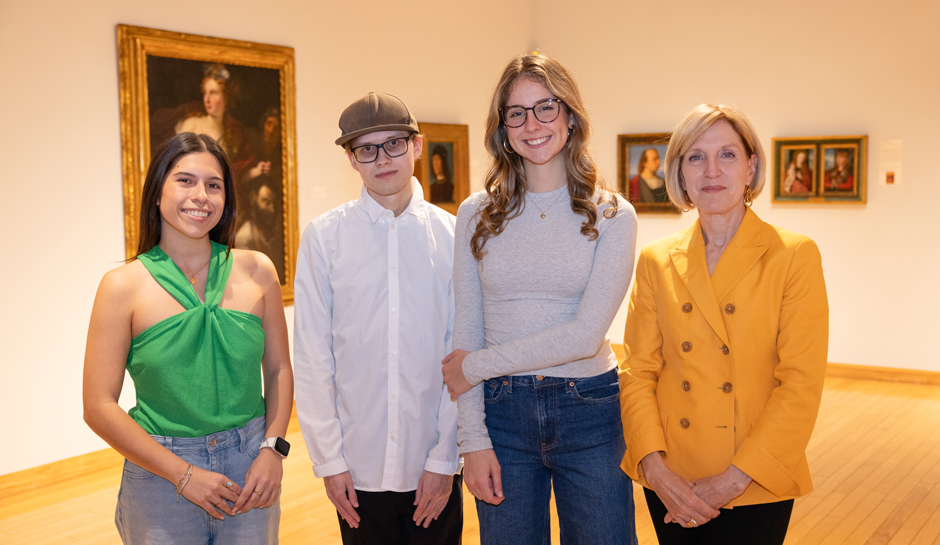 Student team members Sofia Perez-Baux, Titus Biel, Maggie Dobra, and Associate Professor Karen Mathews at the Lowe. Photo: Joshua Prezant/University of Miami