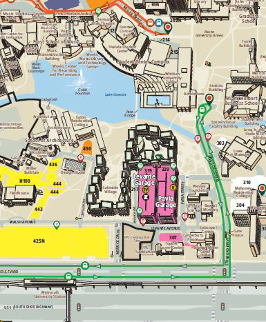 University of Miami parking map showing walking route from Pavia Garage to Shalala Student Center Complex