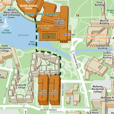 University of Miami parking map showing walking route from Pavia Garage to Shalala Student Center Complex